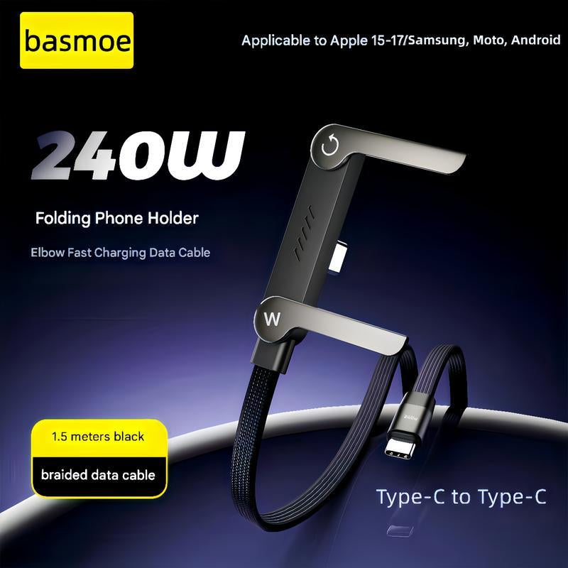 Basemo 240W Super Fast Charging Cable with Invisible Stand - 2-In-1 Phone Charger Cord & Holder, Compatible with Iphone/Samsung/Type-C, Ideal for Gaming/Office/Car, Perfect Christmas Gift