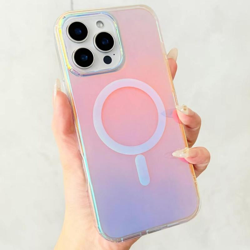 Foreign Heart Holographic Iridescent Rainbow Phone Case for Iphone 13 14 15 16 Pro Max with Magnetic Magsafe & Screen Protector Shockproof Protection Wireless Charging Compatible Protective Casing