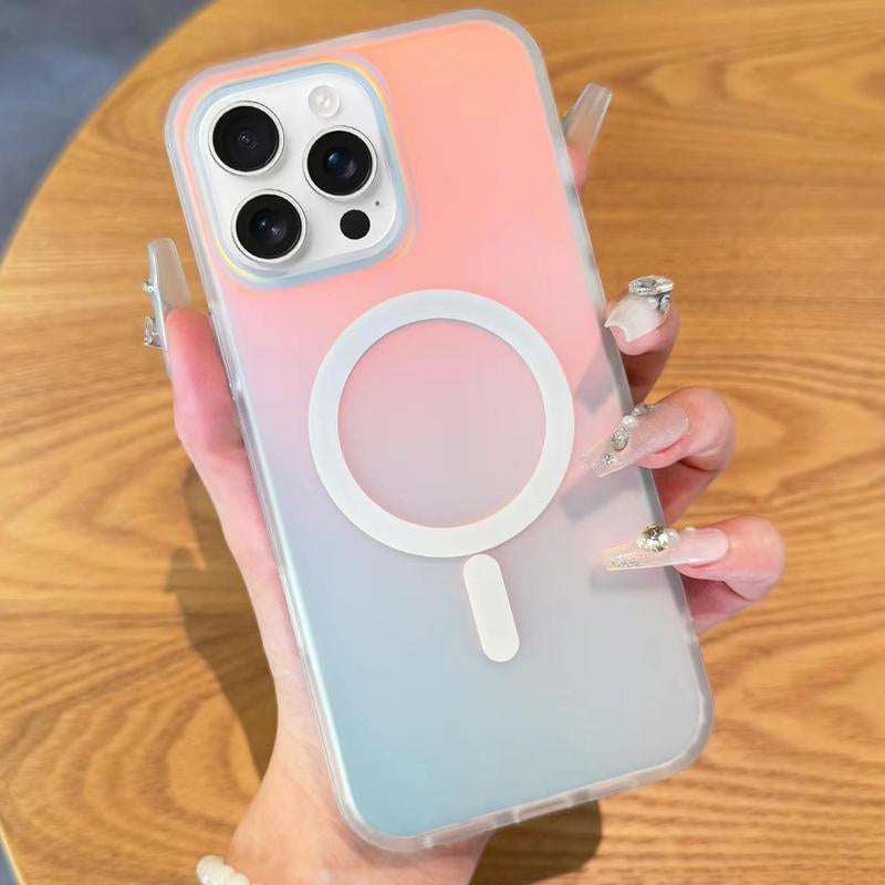 Foreign Heart Holographic Iridescent Rainbow Phone Case for Iphone 13 14 15 16 Pro Max with Magnetic Magsafe & Screen Protector Shockproof Protection Wireless Charging Compatible Protective Casing