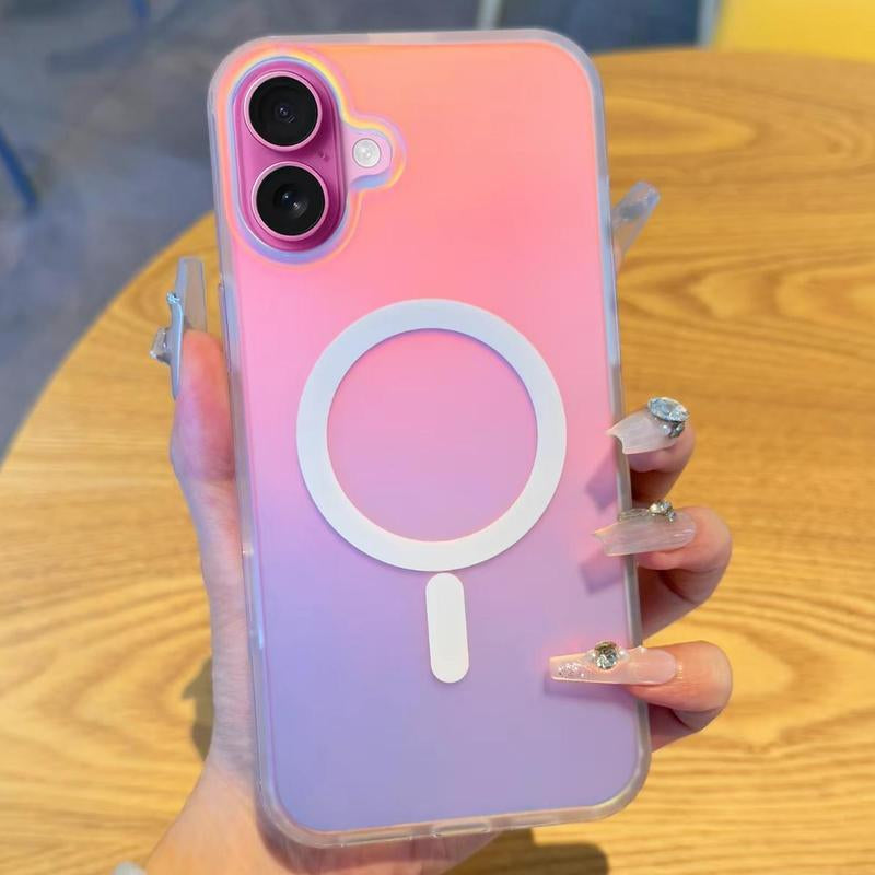 Foreign Heart Holographic Iridescent Rainbow Phone Case for Iphone 13 14 15 16 Pro Max with Magnetic Magsafe & Screen Protector Shockproof Protection Wireless Charging Compatible Protective Casing