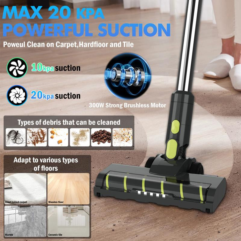 Carevac+ Cordless Stick Vacuum, 2 X 2500Mah Batteries for 60 Mins Runtime, 20Kpa Brushless Motor, Wall-Mount & Direct Charging, Lightweight 2.16Lbs for Carpets Hard Floors and Pet Hair