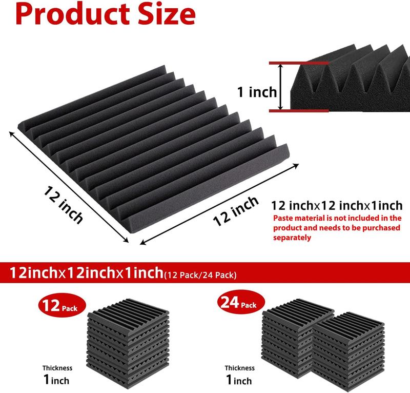 12 Pack Acoustic Panels 1 X 12 X 12 Inches - Acoustic Foam - High Density- Soundproof Studio Wedges - Charcoal