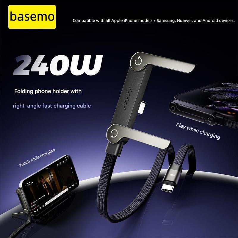 Basemo 240W Super Fast Charging Cable with Invisible Stand - 2-In-1 Phone Charger Cord & Holder, Compatible with Iphone/Samsung/Type-C, Ideal for Gaming/Office/Car, Perfect Christmas Gift