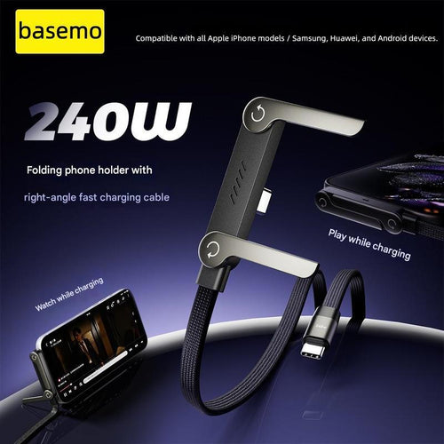 Basemo 240W Super Fast Charging Cable with Invisible Stand - 2-In-1 Phone Charger Cord & Holder, Compatible with Iphone/Samsung/Type-C, Ideal for Gaming/Office/Car, Perfect Christmas Gift